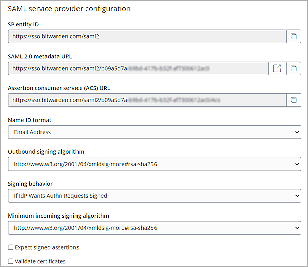 Screenshoot of SAML service provider configuration.